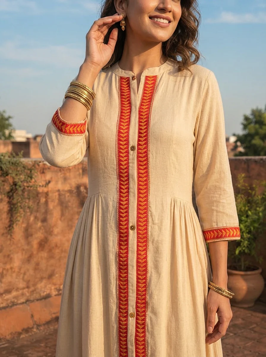 Beige Rayon Monotone Thread Embroidery Dress - Image 3