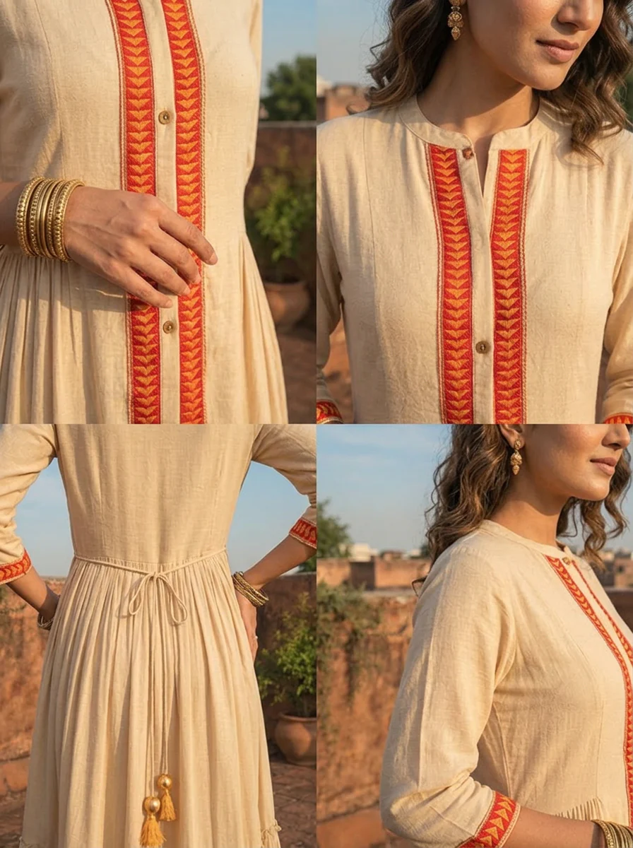 Beige Rayon Monotone Thread Embroidery Dress - Image 4