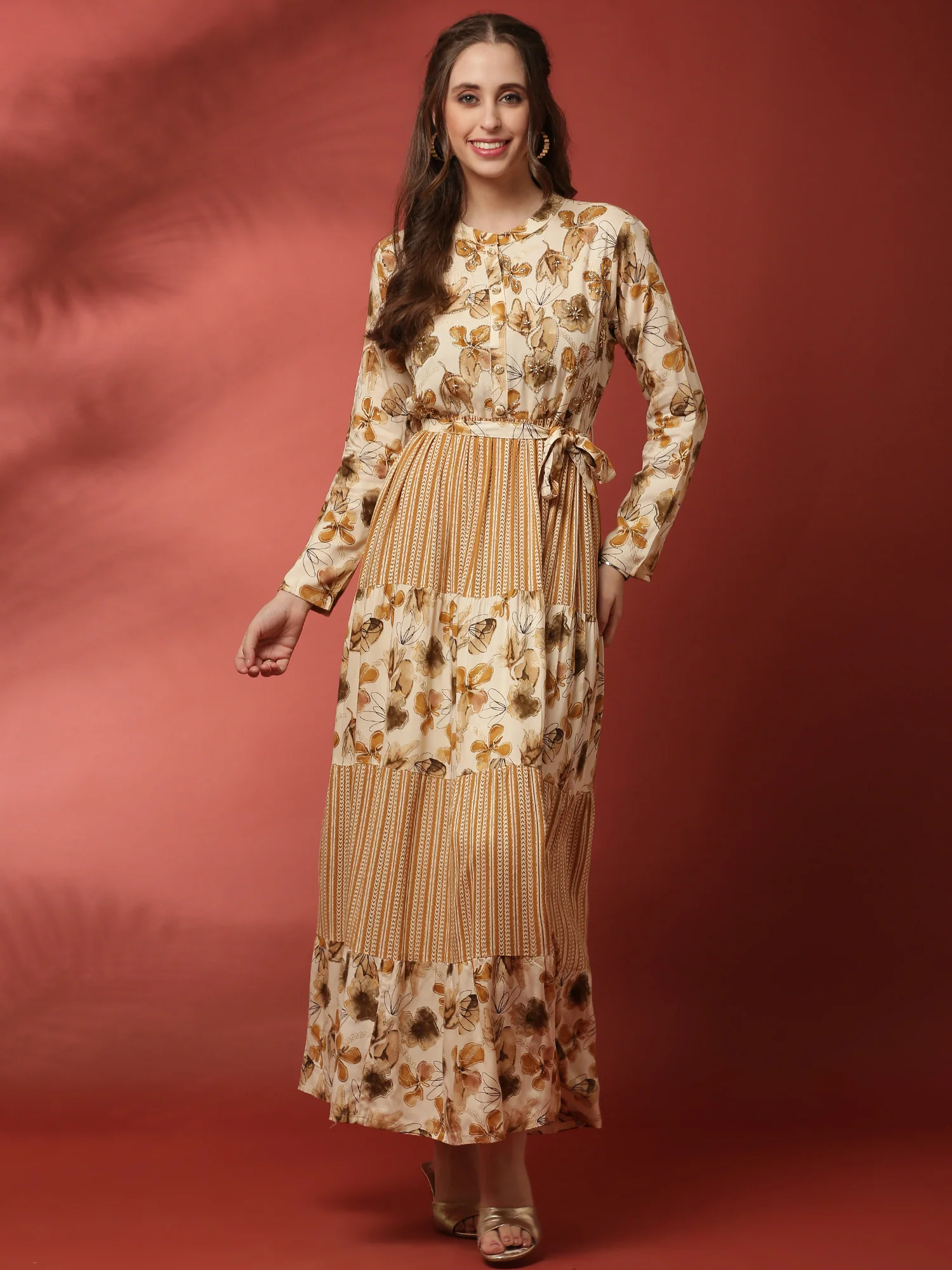 Beige rayon printed long dress with hand embroidery - Image 5
