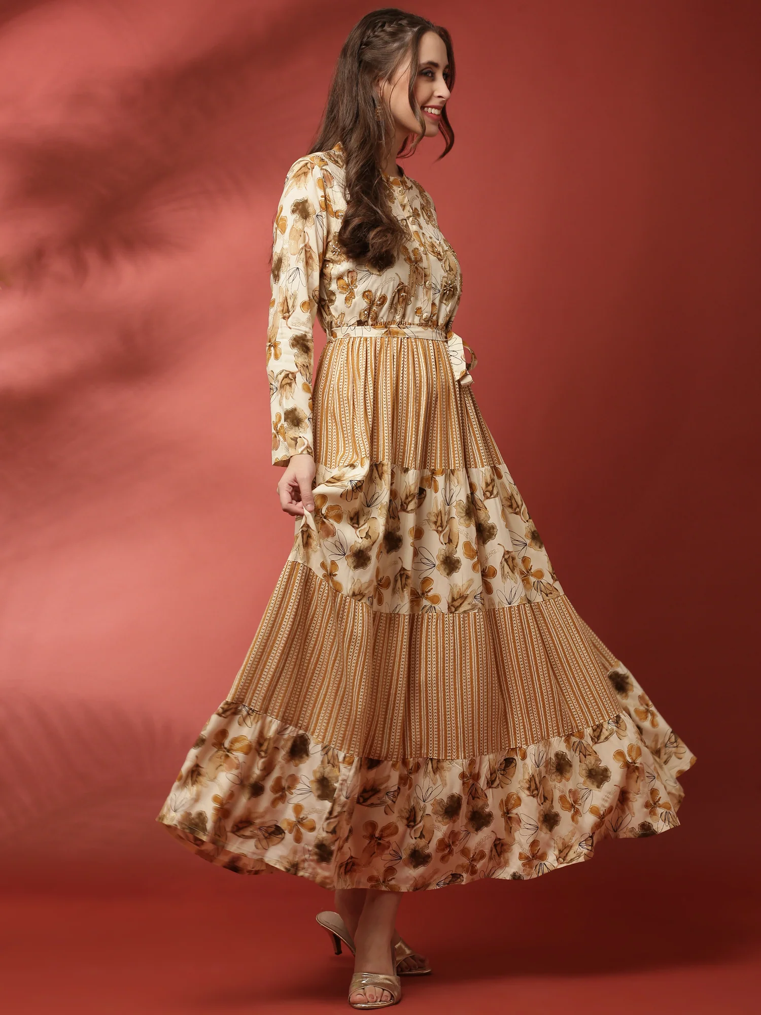 Beige rayon printed long dress with hand embroidery - Image 6