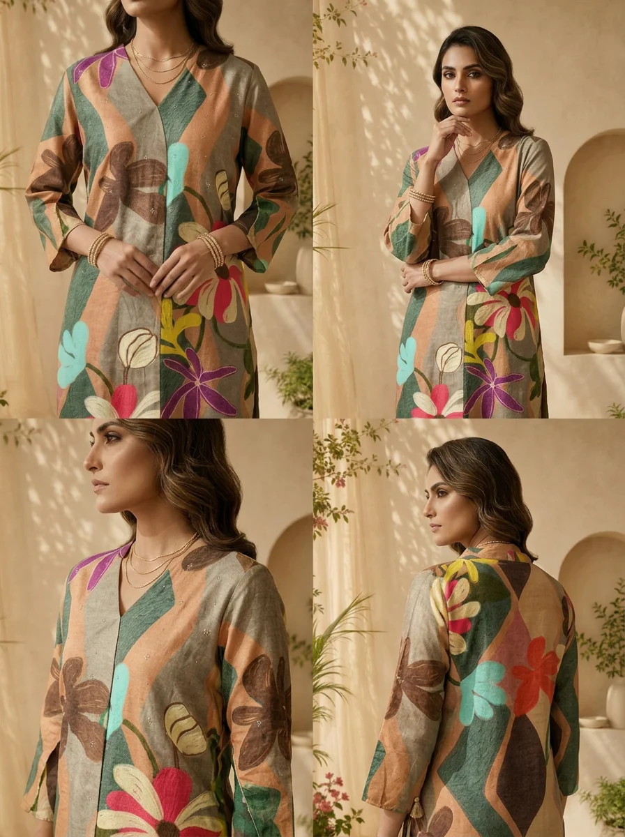 Beige Silk Abstract Design And Floral Printed Kurta - Image 5