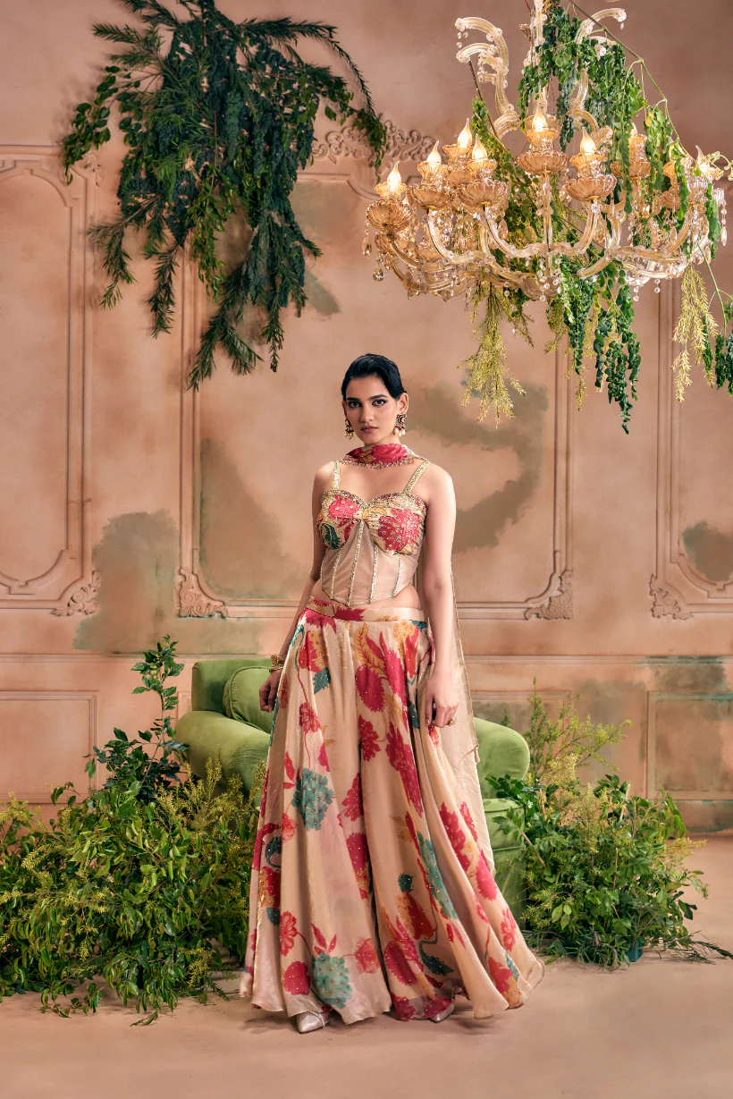 Beige Silk Floral Digital Printed Top And Palazzo With Duppata