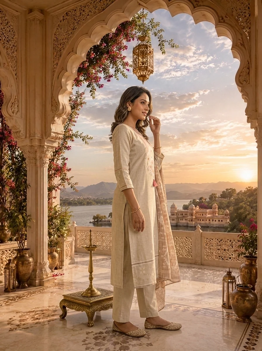 Beige Silk Geometric Printed Three Piece Set - Image 3
