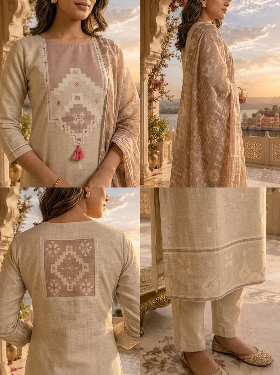Beige Silk Geometric Printed Three Piece Set - Image 5