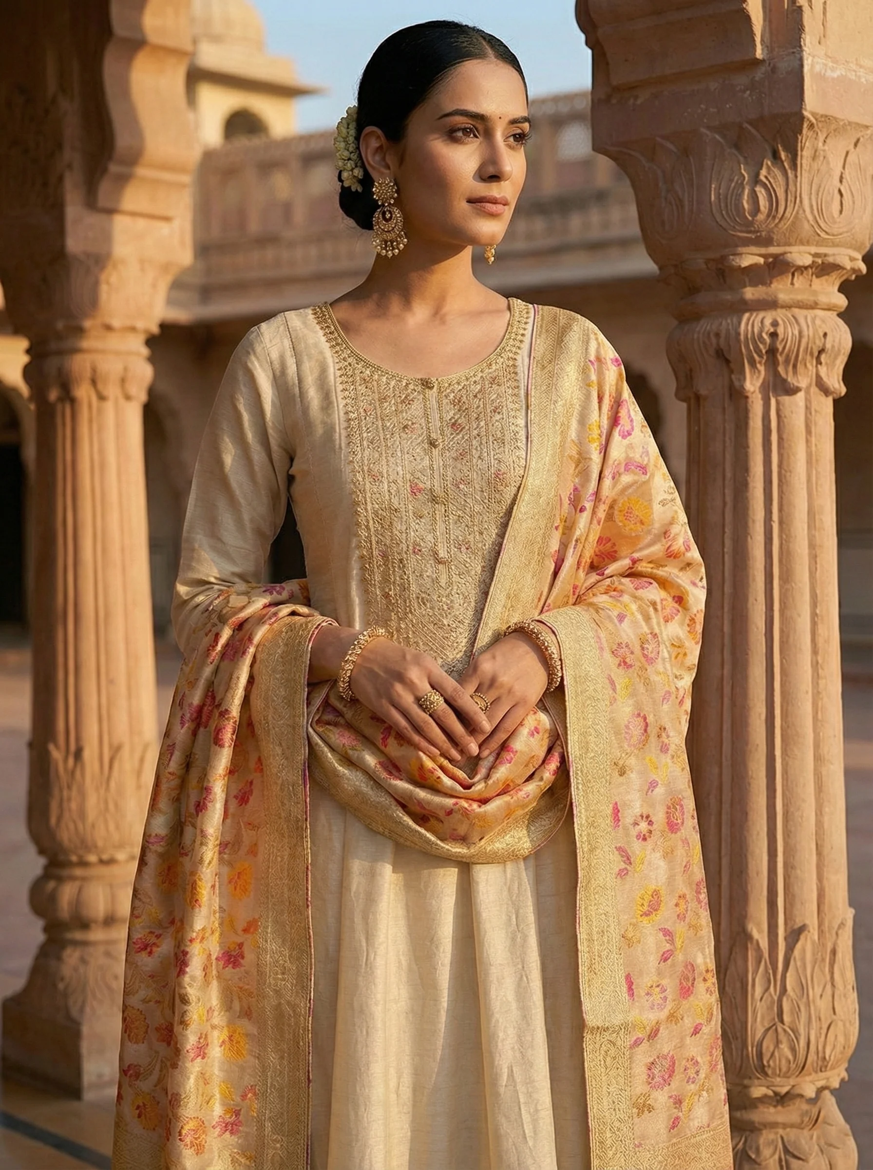 Beige Silk Heavy Aari Embroidered Suit Set - Image 3