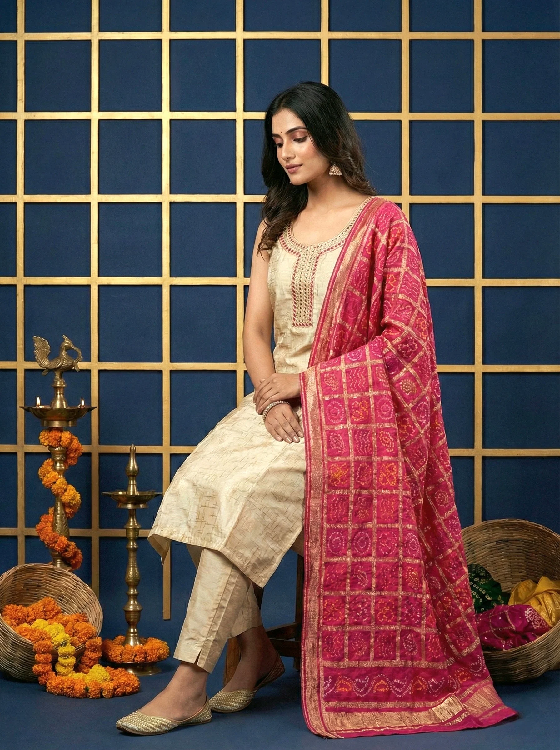 Beige Silk Mirror Embroidered Suit Set With Contrast Dupatta - Image 2