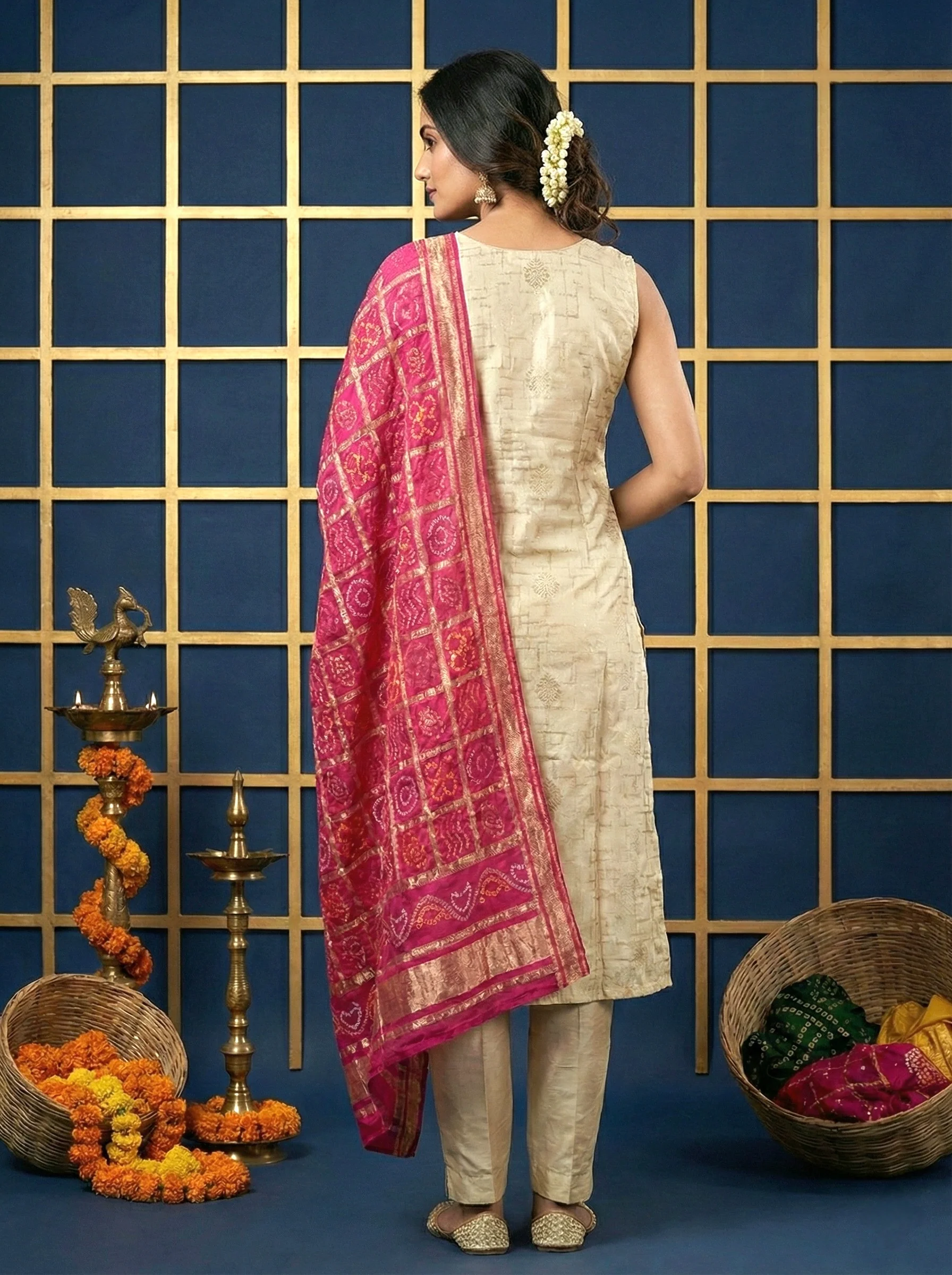 Beige Silk Mirror Embroidered Suit Set With Contrast Dupatta - Image 3