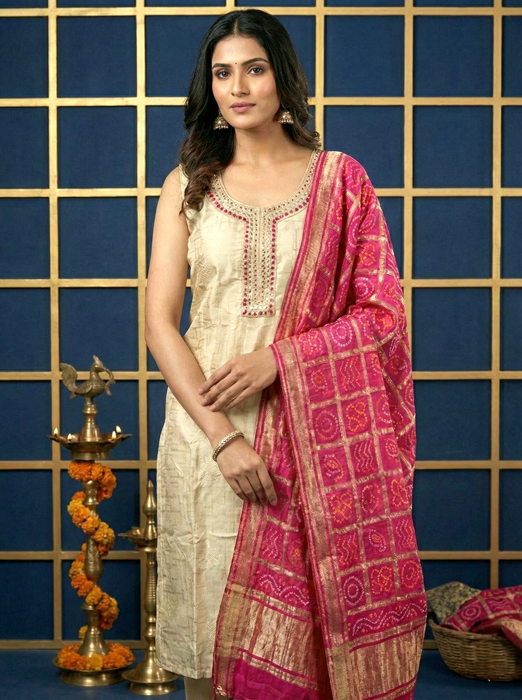 Beige Silk Mirror Embroidered Suit Set With Contrast Dupatta - Image 5
