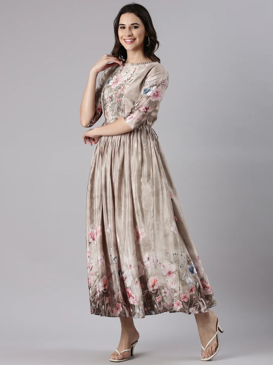 Beige Silk Printed Long Frock - Image 2
