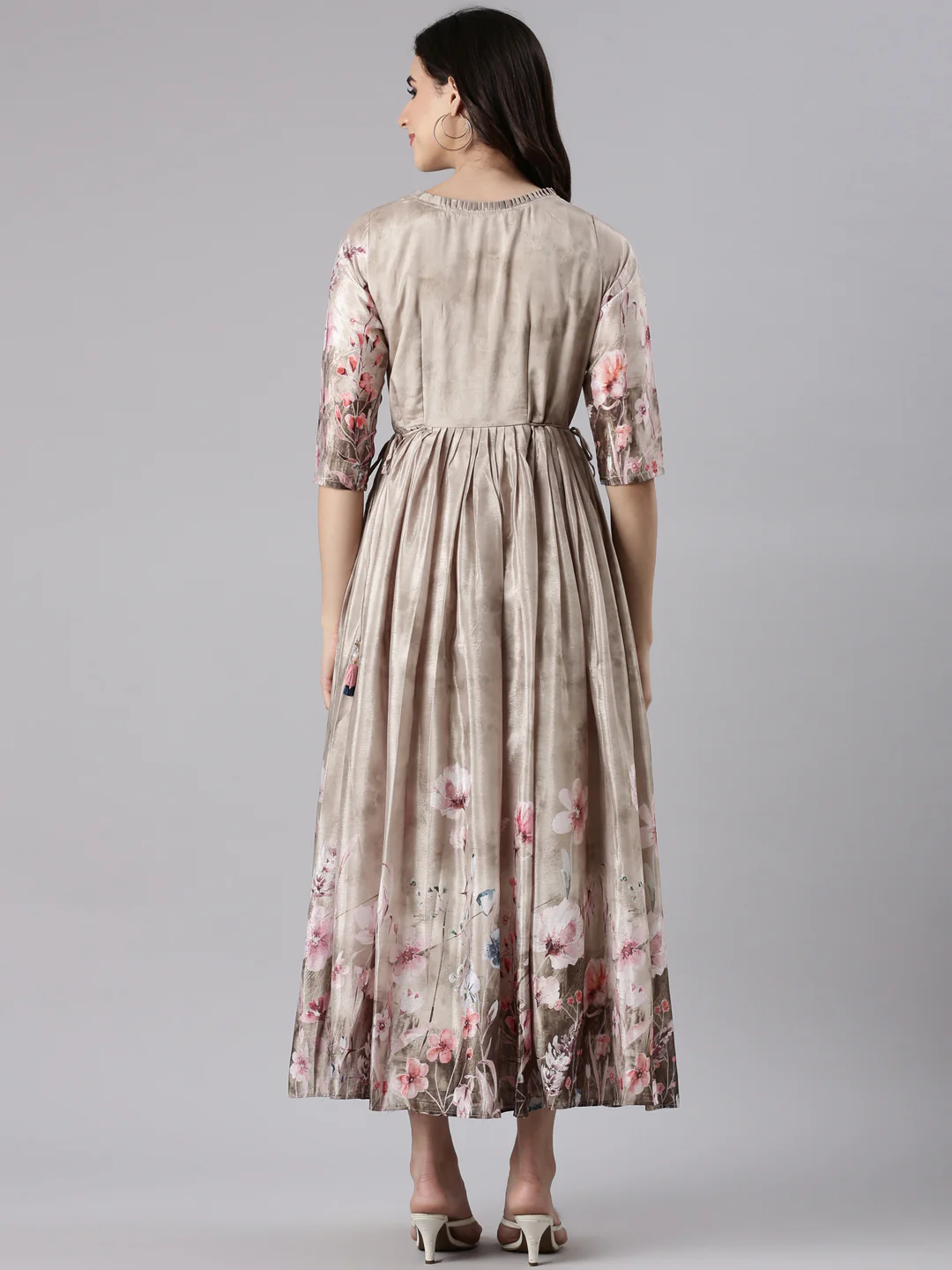 Beige Silk Printed Long Frock - Image 3