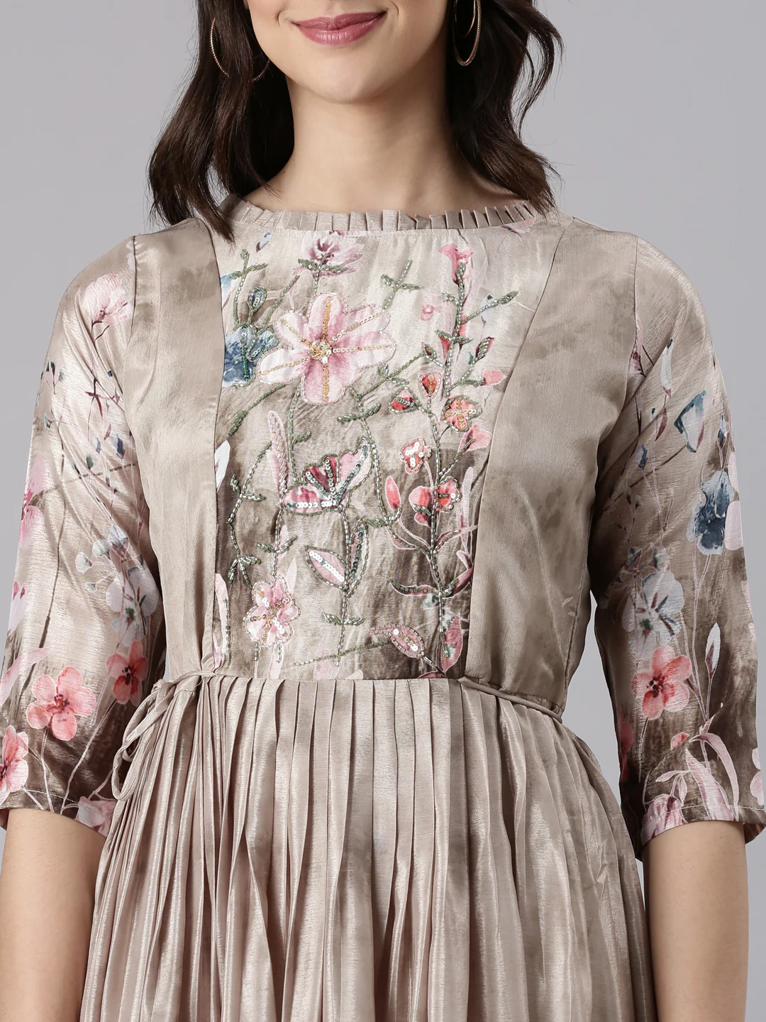 Beige Silk Printed Long Frock - Image 4