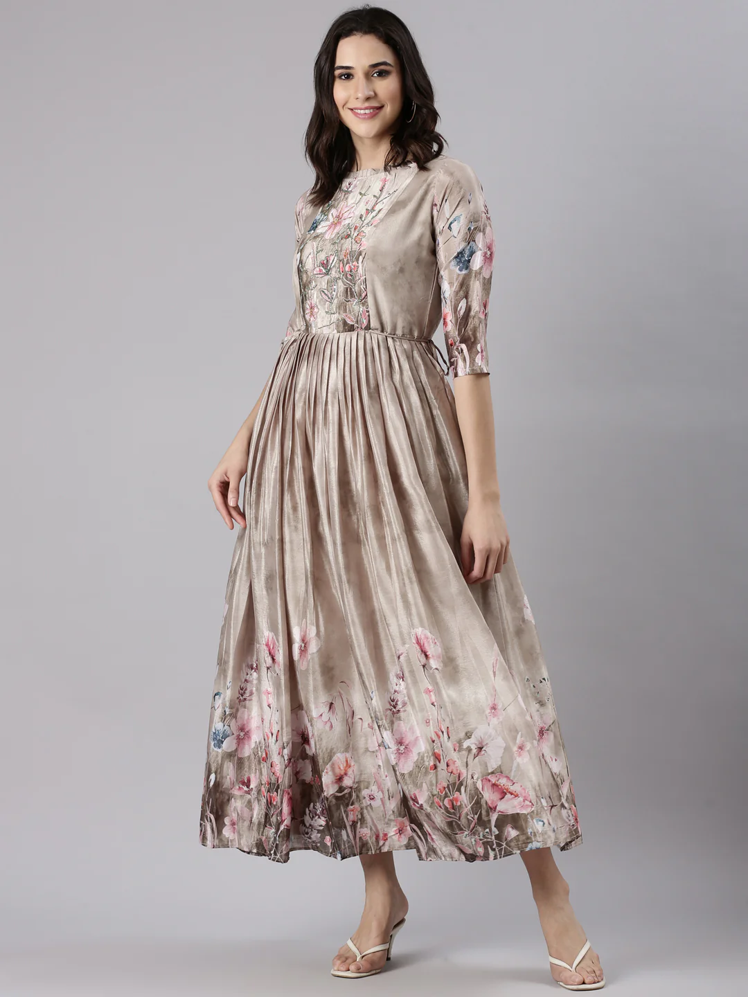 Beige Silk Printed Long Frock - Image 5