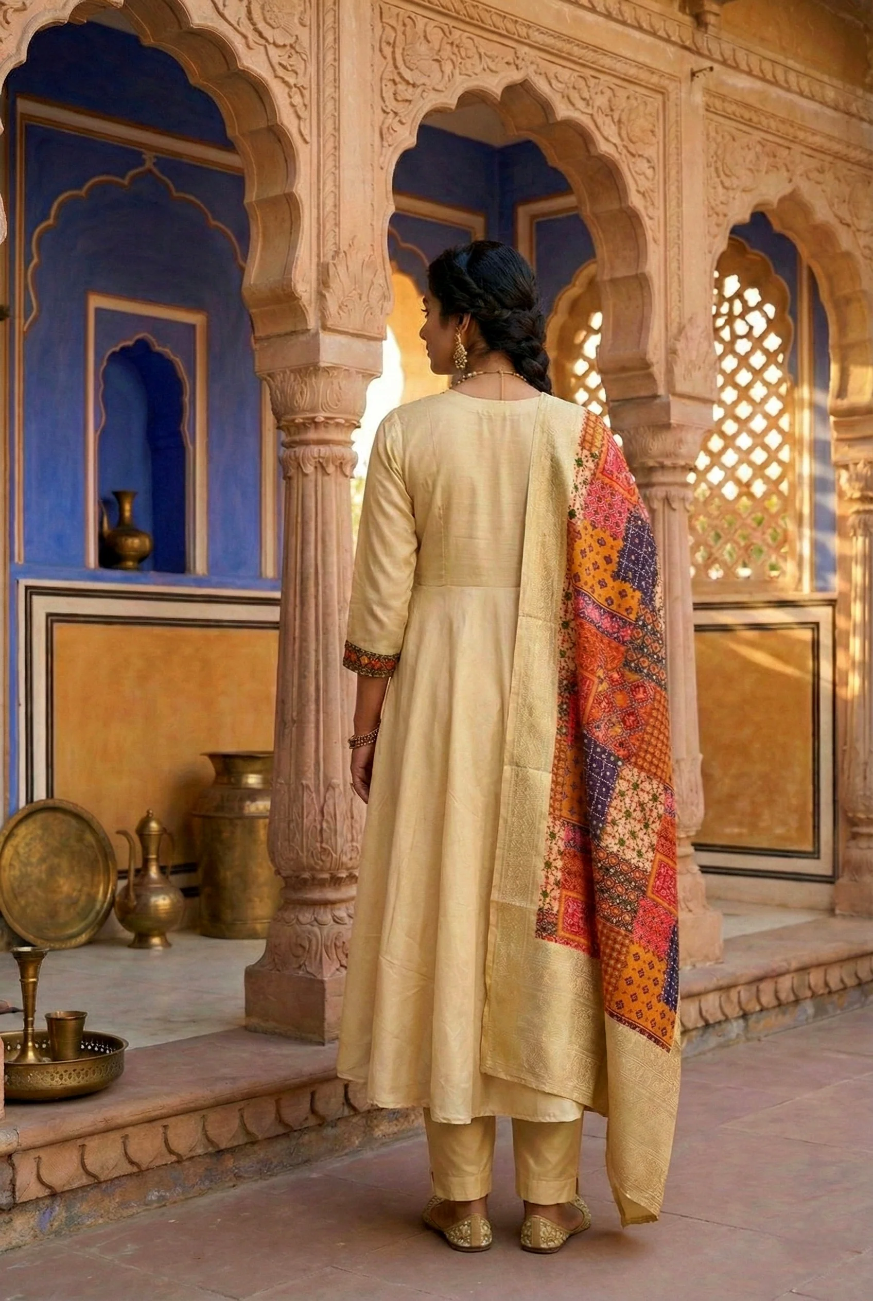 Beige Silk With Zari Embroidery And Digital Printed Suit Set - Image 3