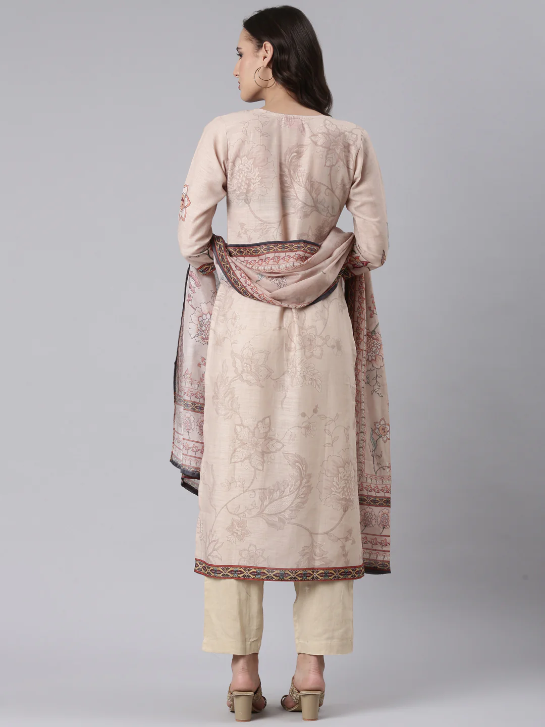 Beige Slub Rayon Printed Three Piece Set - Image 3