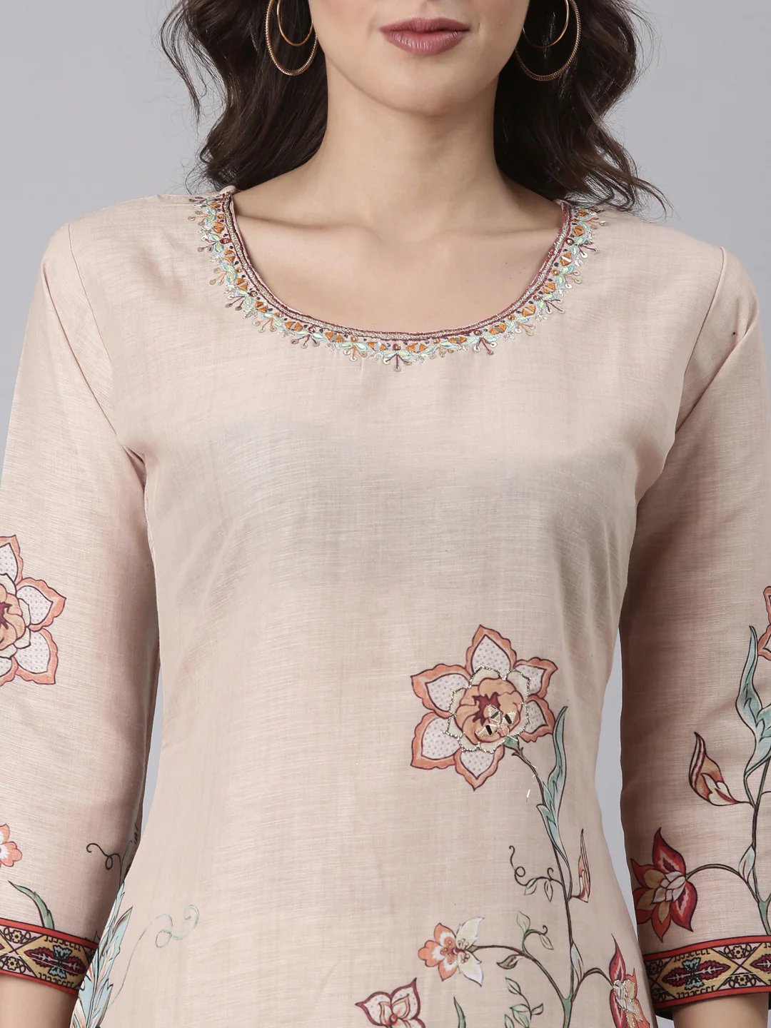 Beige Slub Rayon Printed Three Piece Set - Image 4