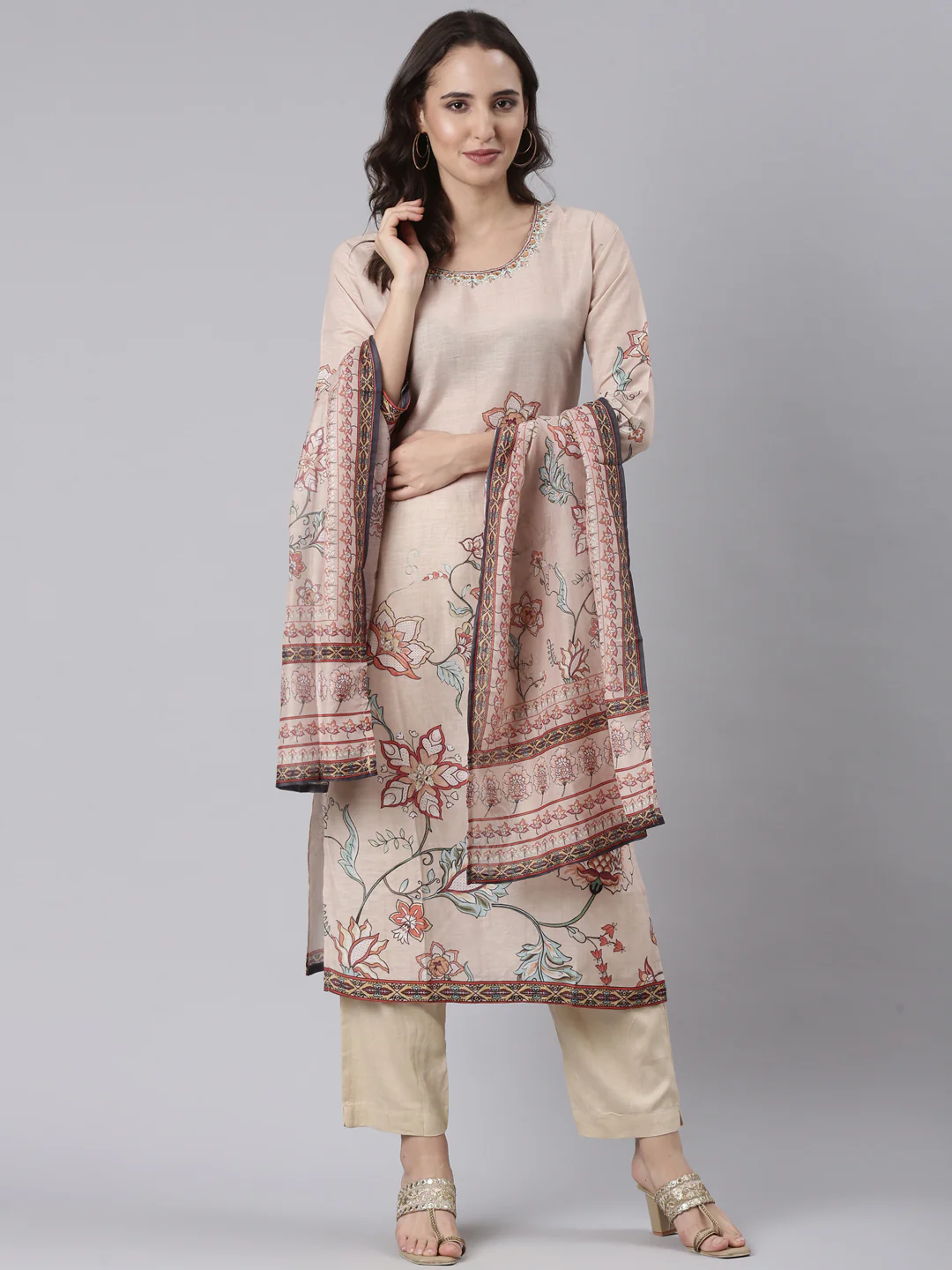 Beige Slub Rayon Printed Three Piece Set - Image 5