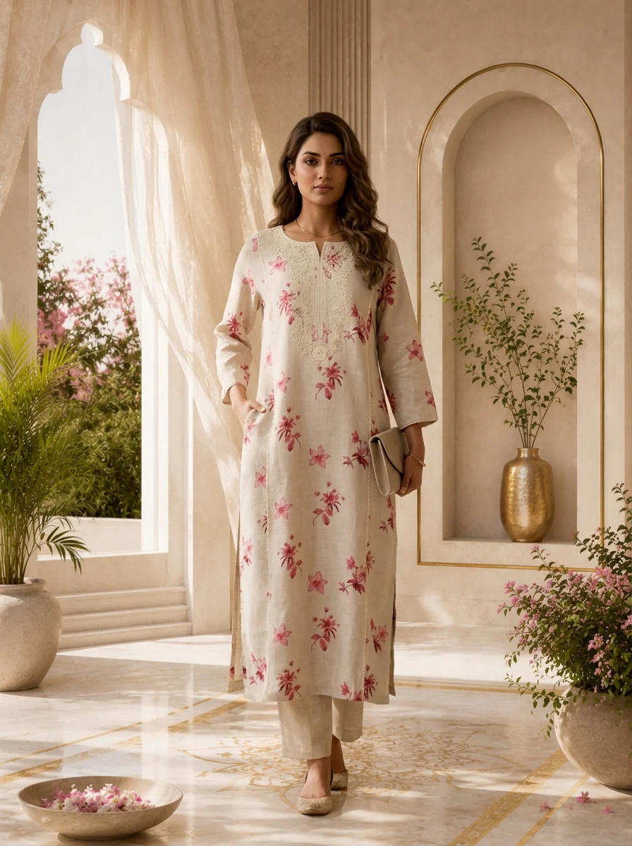 Beige Thread Embroidery And Printed Linen Two Piece Set - Image 2