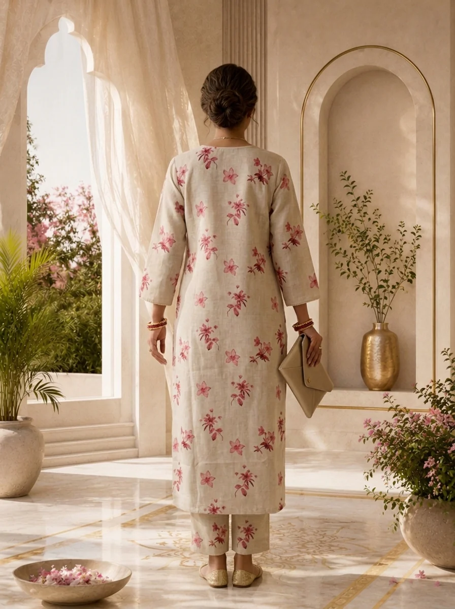 Beige Thread Embroidery And Printed Linen Two Piece Set - Image 3