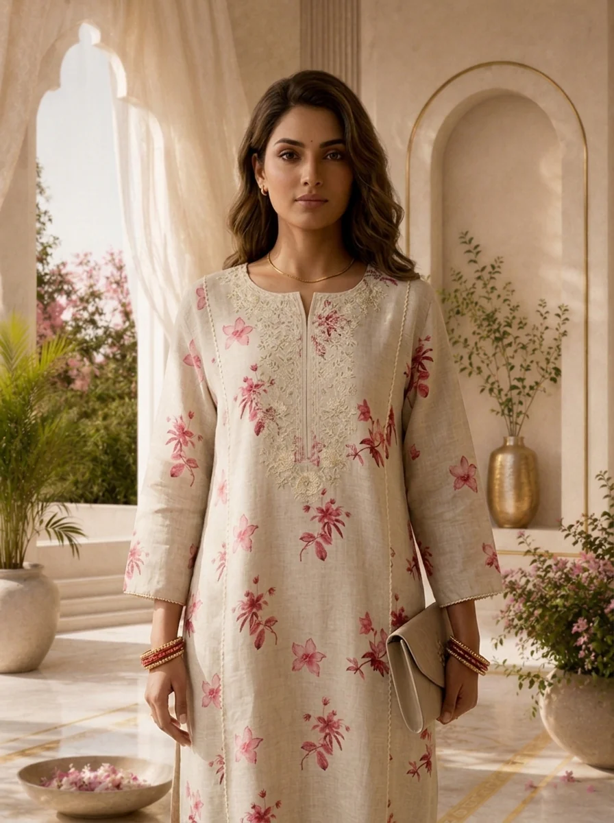 Beige Thread Embroidery And Printed Linen Two Piece Set - Image 4