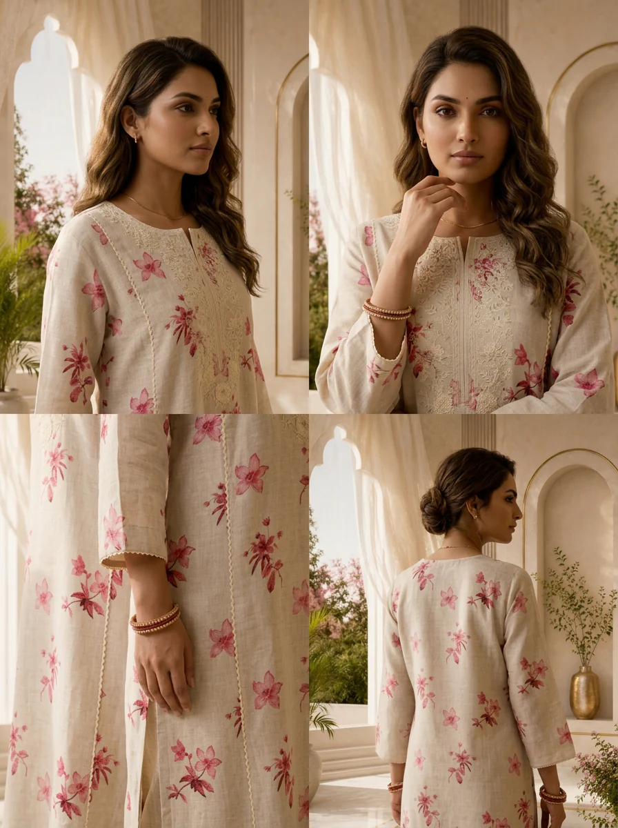 Beige Thread Embroidery And Printed Linen Two Piece Set - Image 5