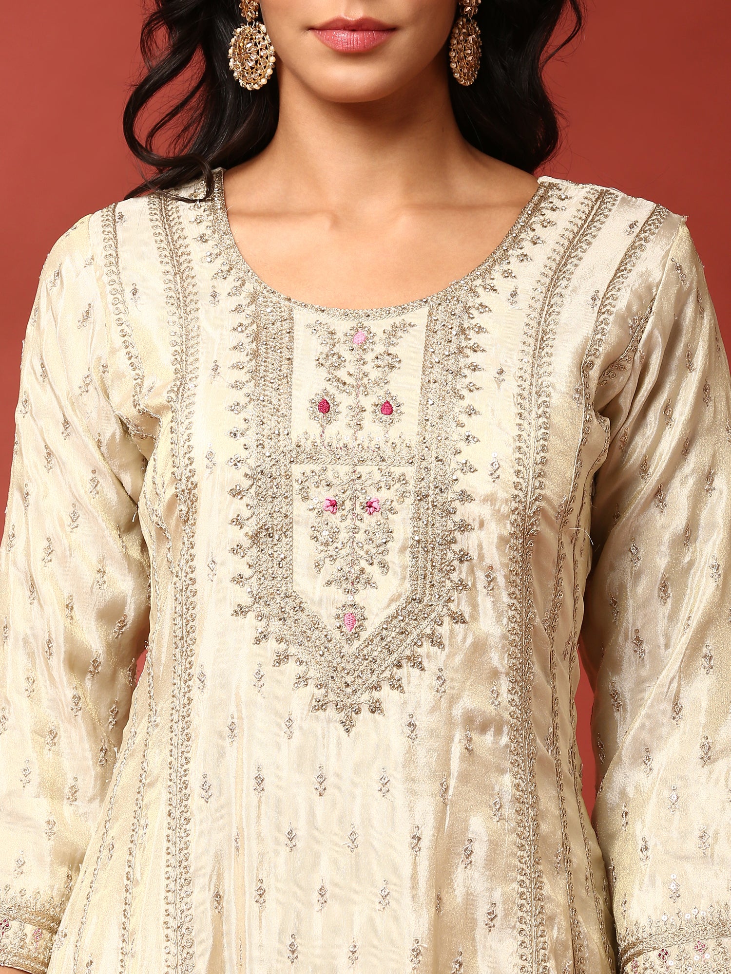 Beige three piece tissue silk hand embroidered anarkali set - Image 4