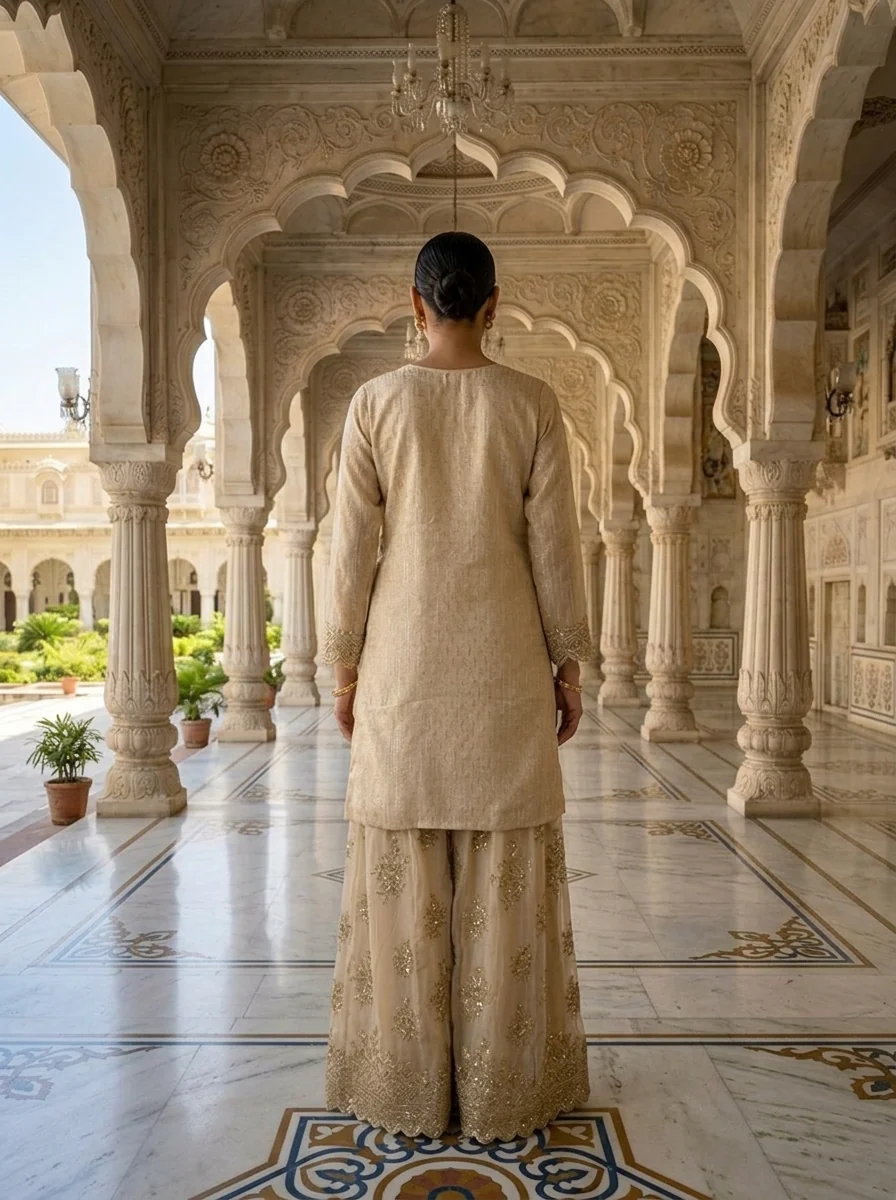 Beige Tissue Sequins And Zari Embroidered Three Piece Set - Image 2