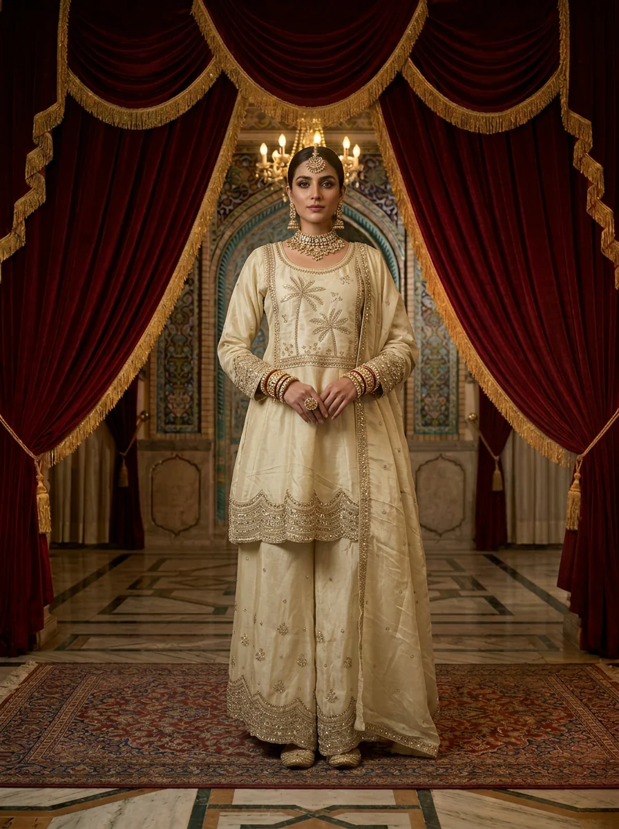 Beige Tissue Zari Embroidered Sharara Set With Dupatta