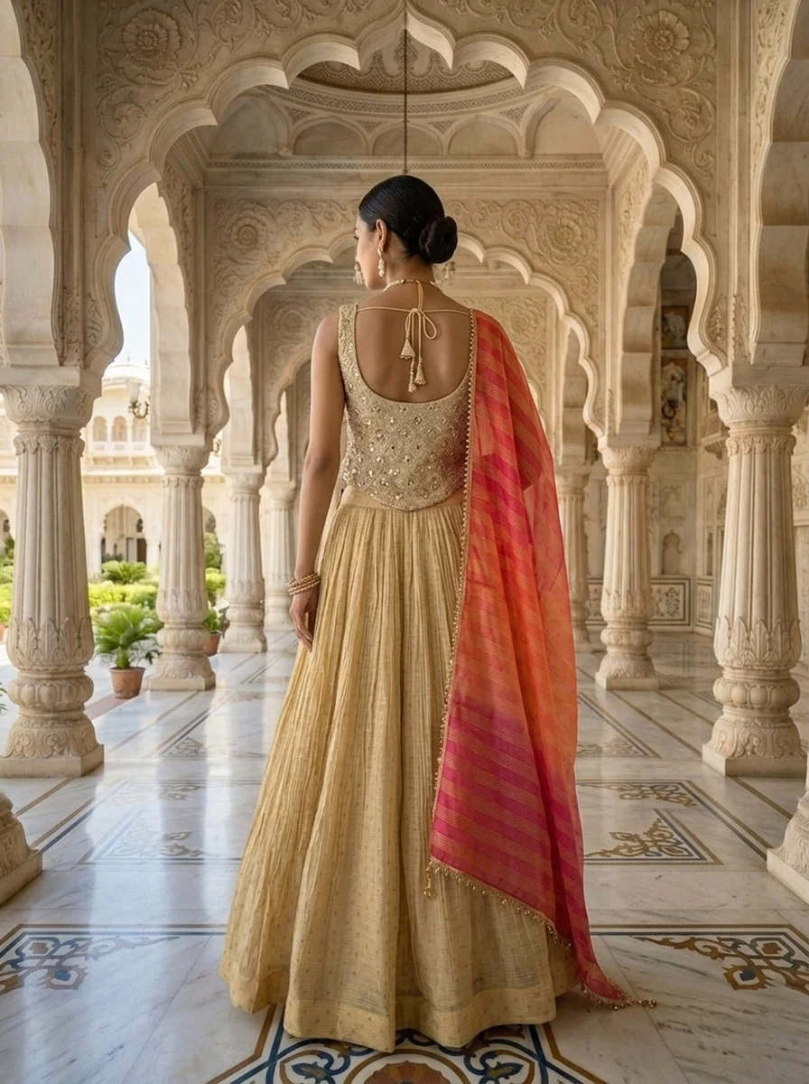 Beige Tissue Zari Embroidery Ghagra Set - Image 2