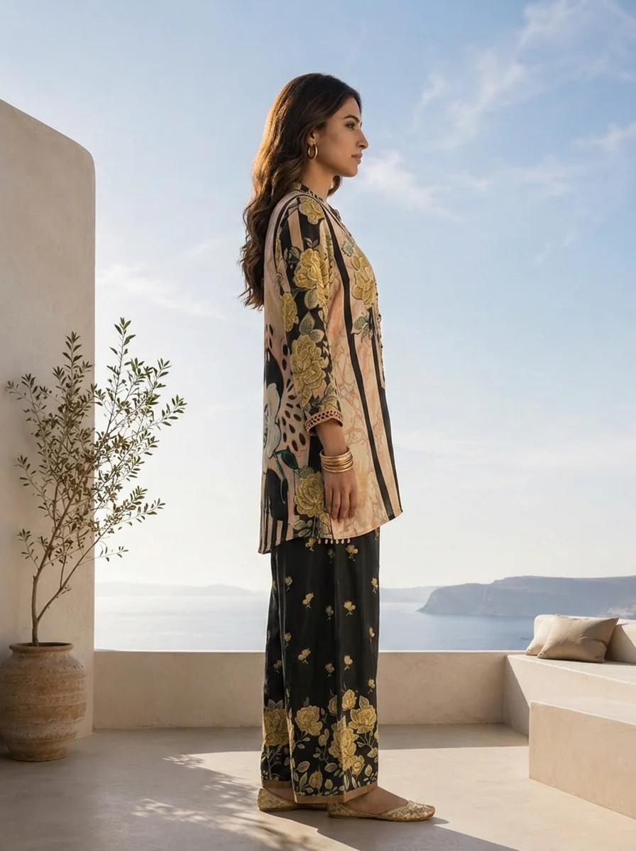 Black And Beige Heavy Floral Printed Two Piece Set - Image 2