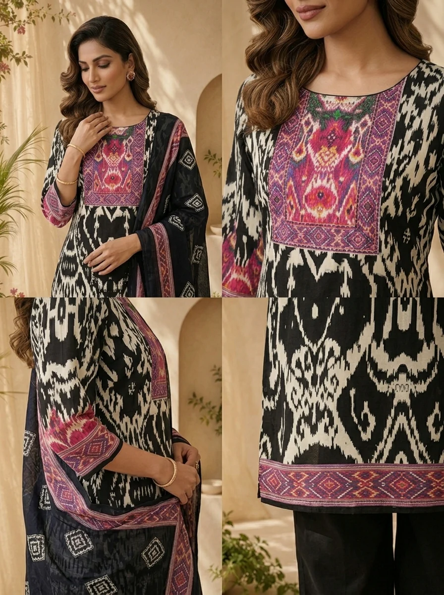 Black And Pink Ikat Printed And Sequins Embroidery Three Piece Set - Image 5