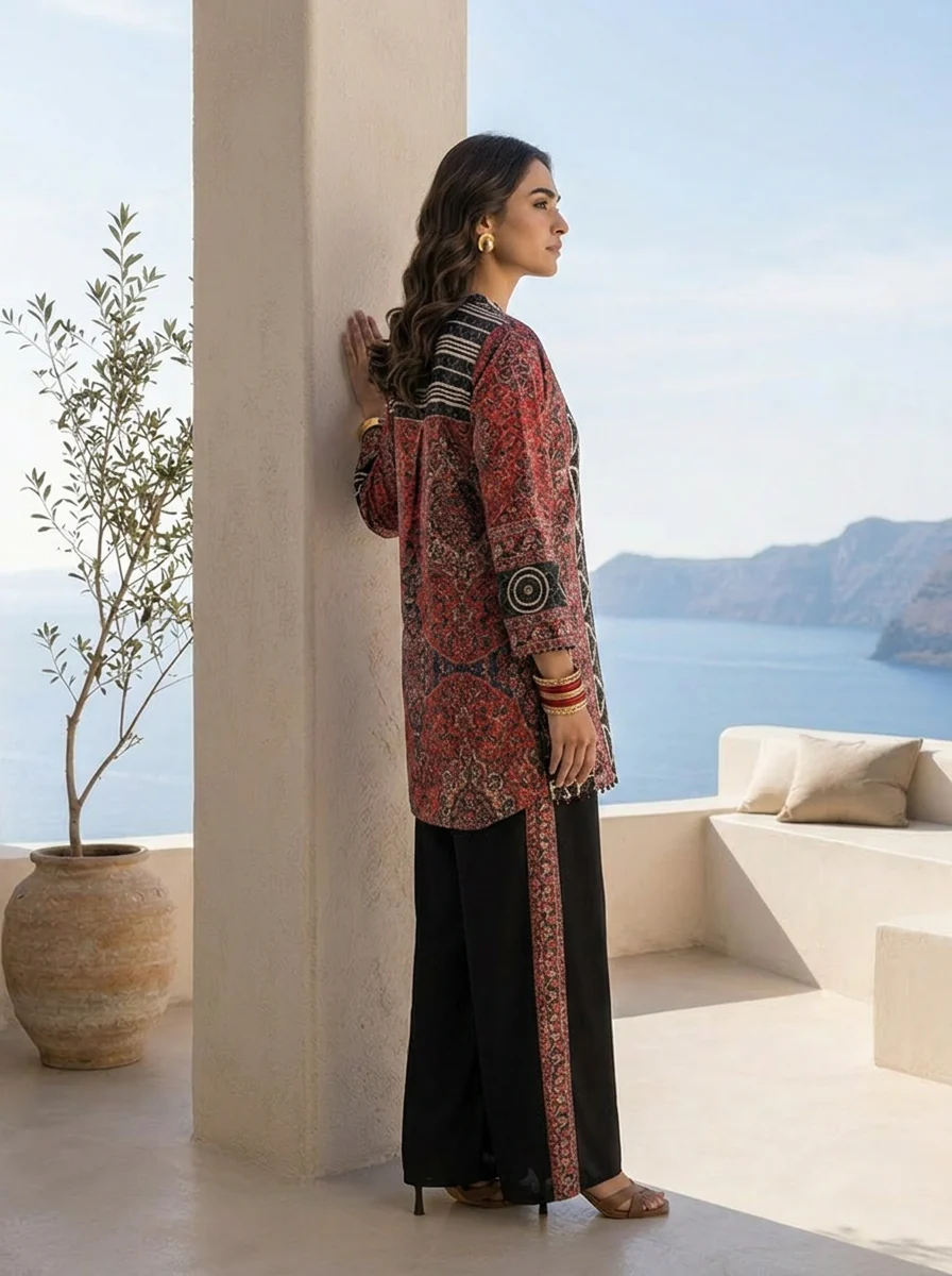Black And Red Ajrakh Printed Crepe Two Piece Set - Image 3