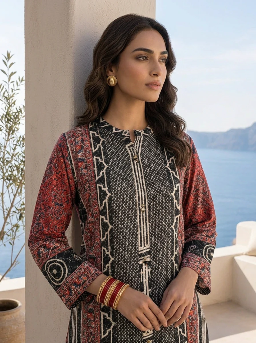 Black And Red Ajrakh Printed Crepe Two Piece Set - Image 4
