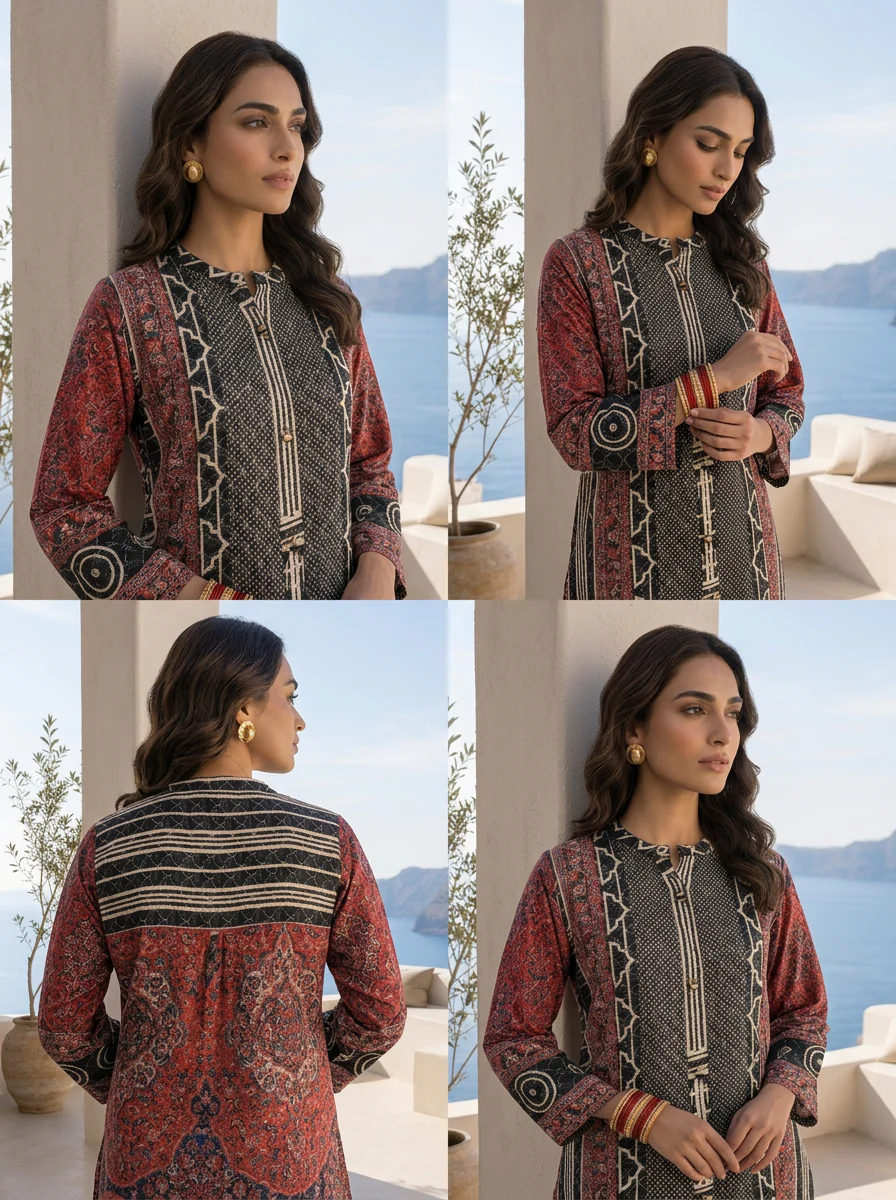 Black And Red Ajrakh Printed Crepe Two Piece Set - Image 5
