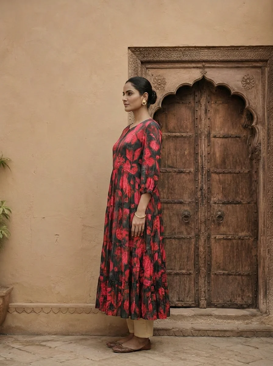 Black And Red Crepe Floral Printed Long Dress - Image 3