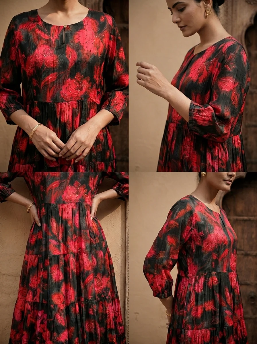 Black And Red Crepe Floral Printed Long Dress - Image 4