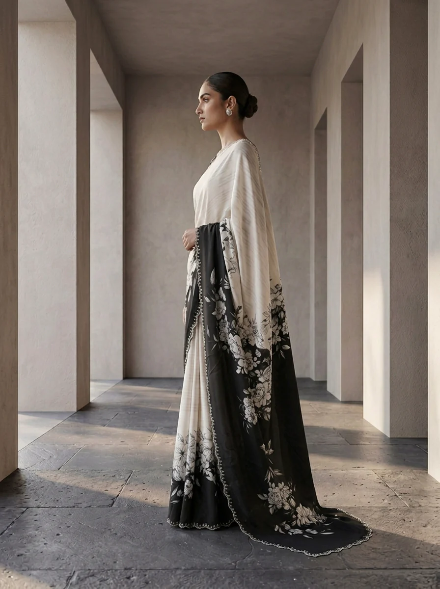 Black And White Satin Heavy Floral Printed Saree - Image 2