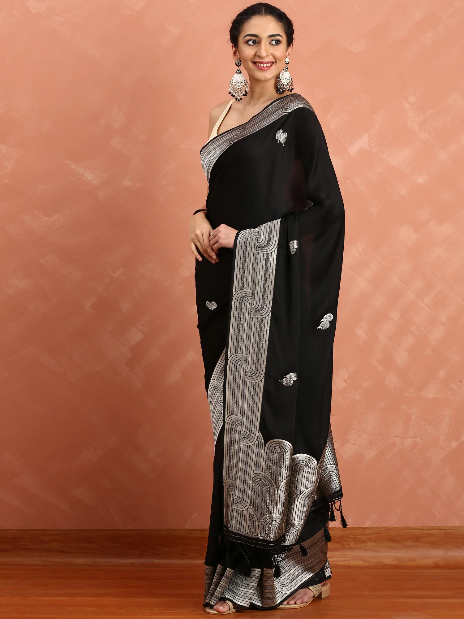 Black banaras silk saree with silver zari motifs & border - Image 2