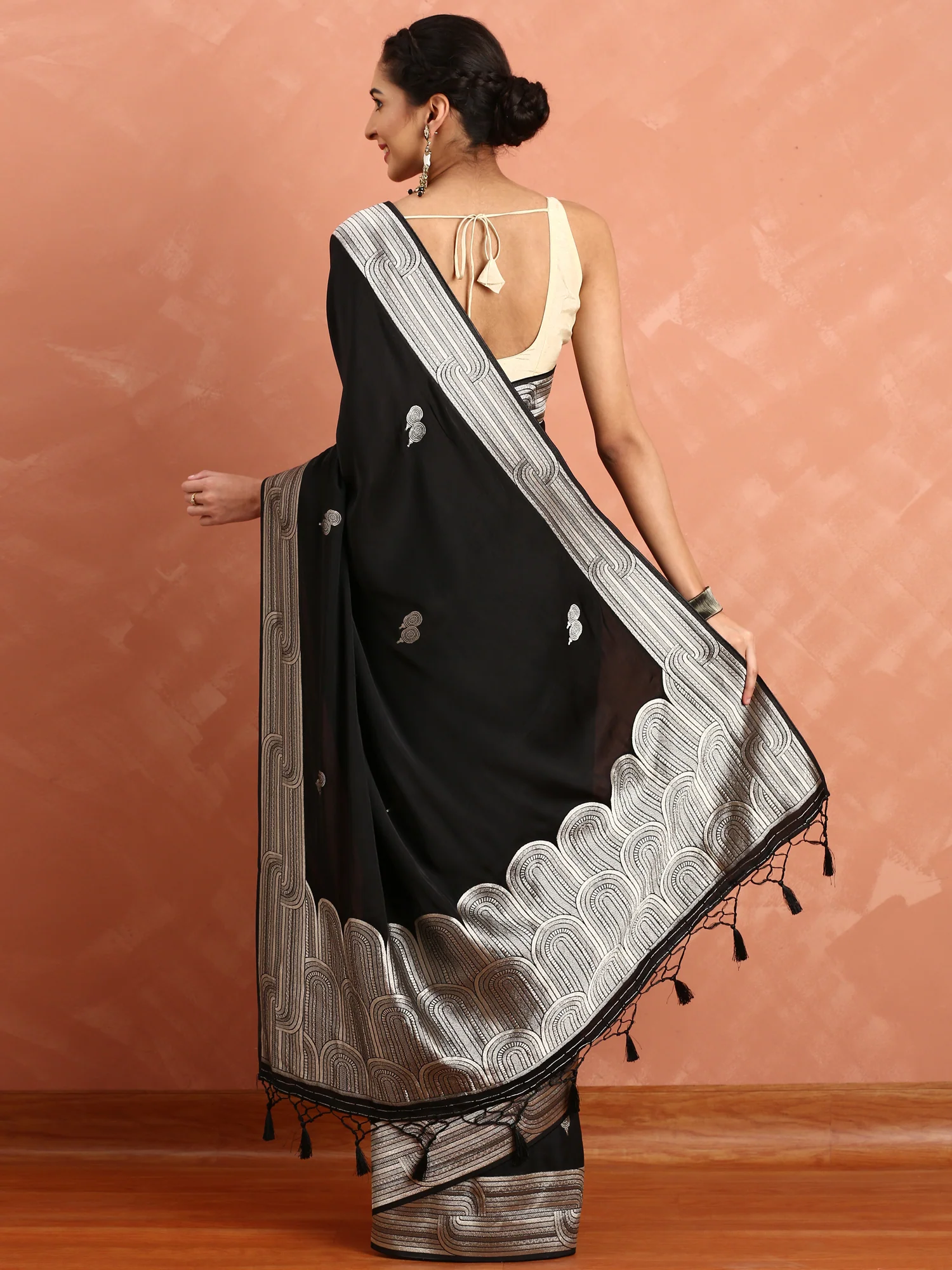 Black banaras silk saree with silver zari motifs & border - Image 3