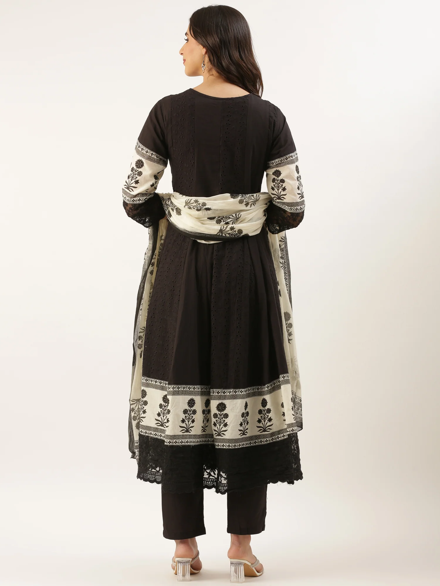 Black Chikan Anarkali Three Piece Suit Set - Image 4