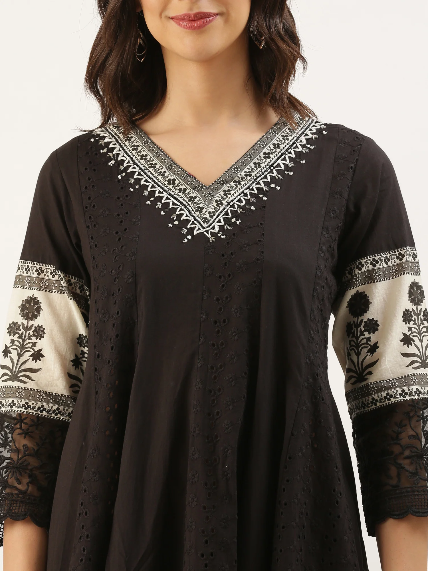Black Chikan Anarkali Three Piece Suit Set - Image 5