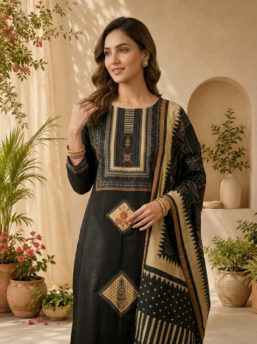 Black Cotton Beads And Patch Embroidery Three Piece Set - Image 2