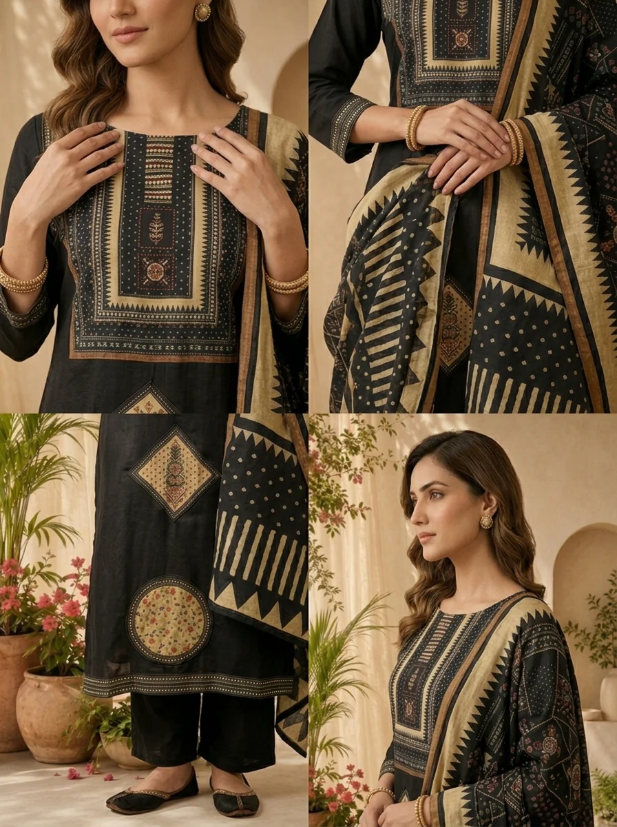 Black Cotton Beads And Patch Embroidery Three Piece Set - Image 5