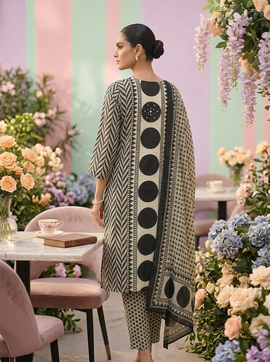 Black Cotton Chevron Printed Three Piece Set - Image 2