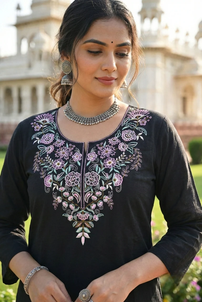 Black Cotton Embroidery Two Piece Set - Image 5