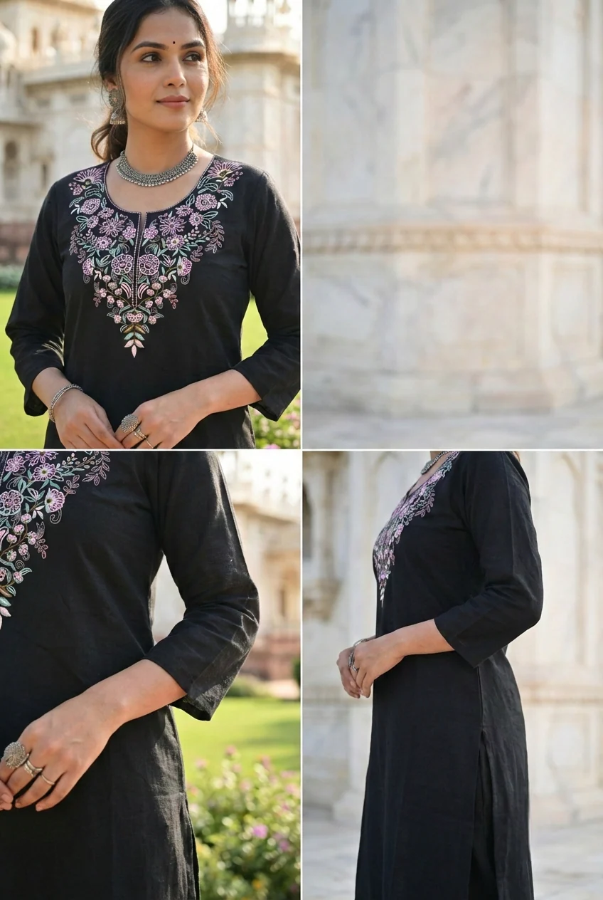 Black Cotton Embroidery Two Piece Set - Image 7