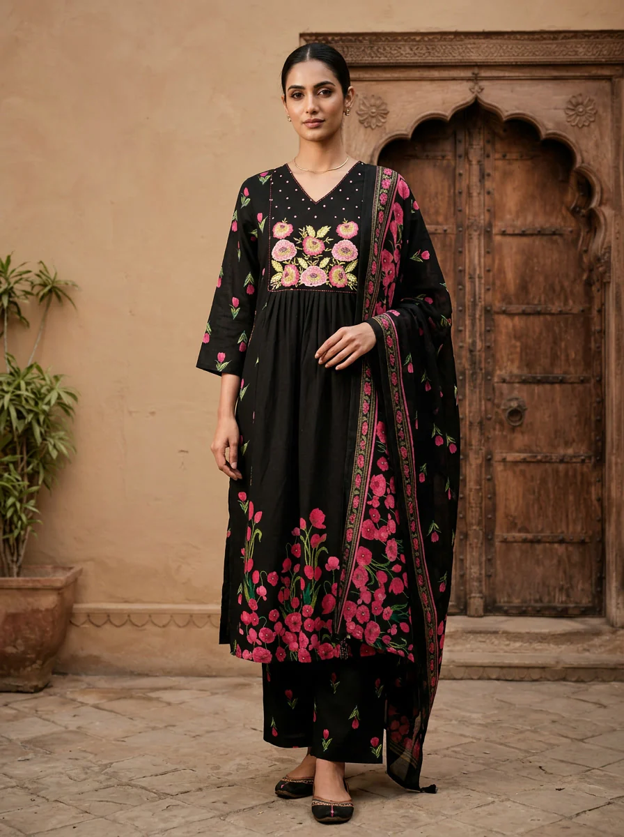 Black Cotton Floral Embroidered Three Piece Set - Image 2