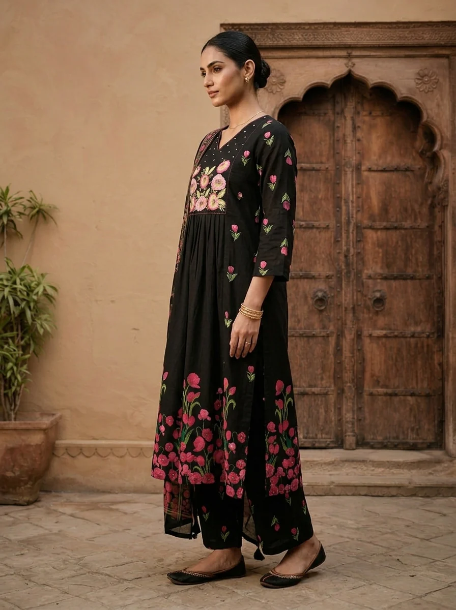 Black Cotton Floral Embroidered Three Piece Set - Image 3