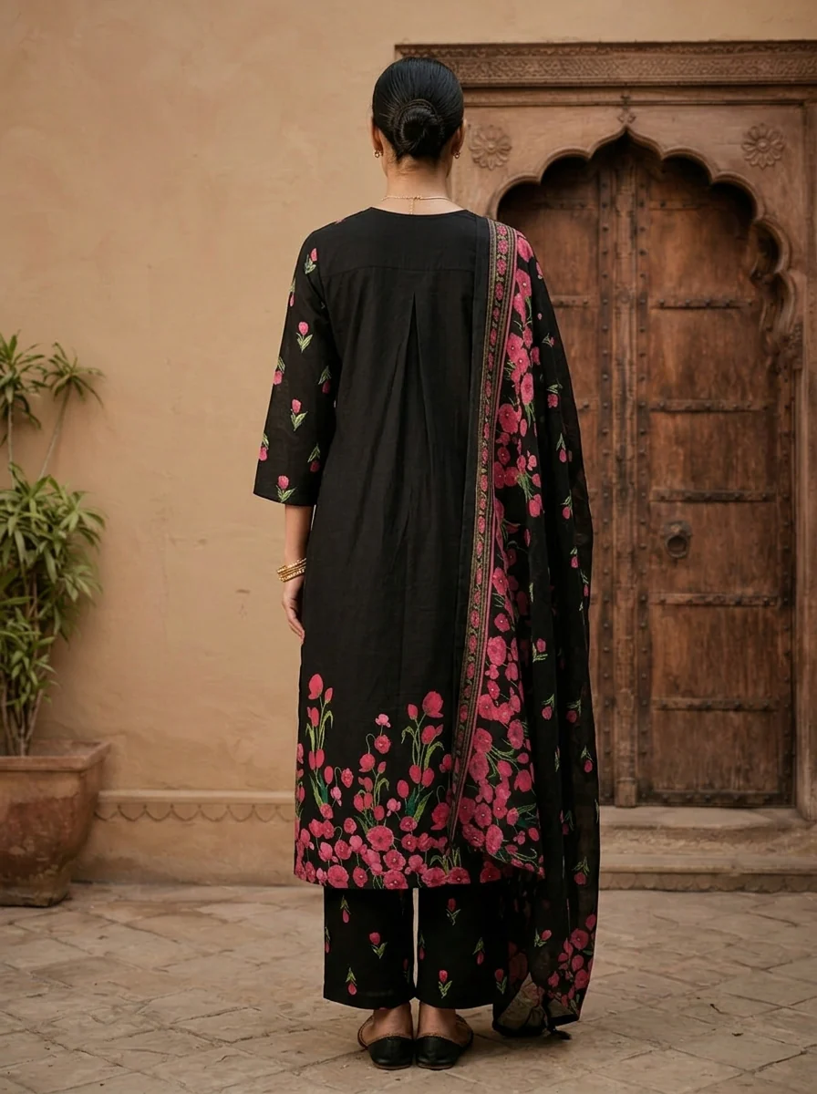 Black Cotton Floral Embroidered Three Piece Set - Image 4
