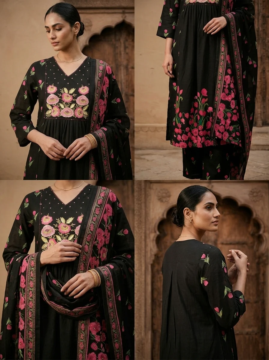 Black Cotton Floral Embroidered Three Piece Set - Image 5