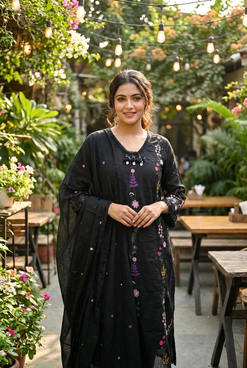 Black Cotton Floral Embroidery Three Piece Set - Image 2
